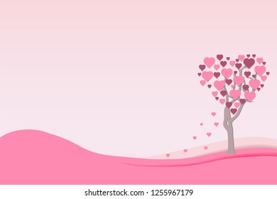 Minimal valentines day background, love tree with heart shape leaf at the right side. Pink paper cut design