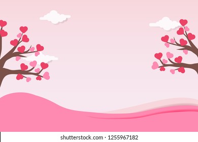 Minimal valentines day background, love tree with heart shape leaf at the left and right side. Pink paper cut design