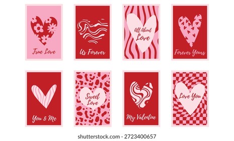  Conjunto de pósters de día de San Valentín mínimo con Formas de corazón dibujadas a mano. Frase de amor romántico, estilo juguetón de moda. Símbolo de amor con varios patrones abstractos. Ilustración vectorial