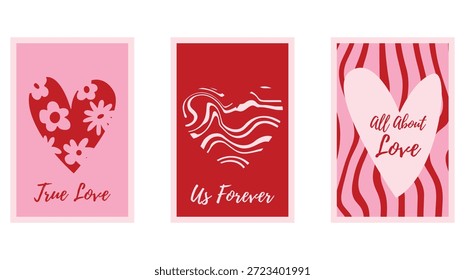 Conjunto de pósters de día de San Valentín mínimo con Formas de corazón dibujadas a mano. Frase de amor romántico, estilo juguetón de moda. Símbolo de amor con varios patrones abstractos. Ilustración vectorial