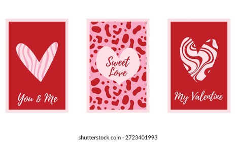 Conjunto de pósters de día de San Valentín mínimo con Formas de corazón dibujadas a mano. Frase de amor romántico, estilo juguetón de moda. Símbolo de amor con varios patrones abstractos. Ilustración vectorial