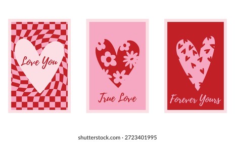 Conjunto de pósters de día de San Valentín mínimo con Formas de corazón dibujadas a mano. Frase de amor romántico, estilo juguetón de moda. Símbolo de amor con varios patrones abstractos. Ilustración vectorial