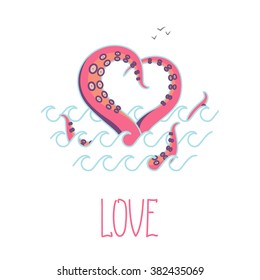 Minimal Valentines day vintage card Octopus in love