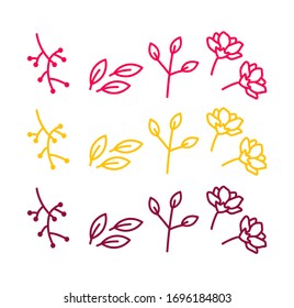 Mínimo de varios colores cálidos hojas de la naturaleza, flor vectorial de línea Icono conjunto. Estilo múltiple de trazo expandido