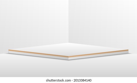 Minimal vector 3d illustration of a podium, stand, stage, made in light colors. Corner of the room. Rectangular podium.