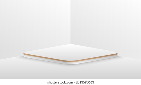 Minimale Vektorgrafik 3D eines Podiums, Ständer, Bühne, in hellen Farben hergestellt. Ecke des Zimmers. Rechteckiges Podium mit abgerundeten Ecken.