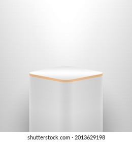 Minimal vector 3d illustration of a podium, stand, stage, made in light colors. With a light source on top. Rectangular podium with rounded corners.