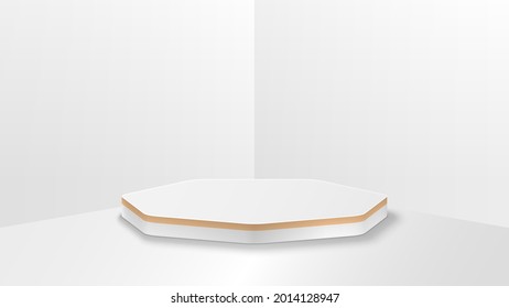 Minimal vector 3d illustration of a podium, stand, stage, made in light colors. Corner of the room. Heptagonal podium.