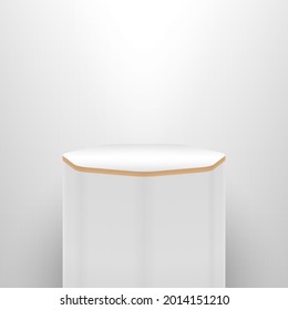 Minimal vector 3d illustration of a podium, stand, stage, made in light colors. With a light source on top. Heptagonal podium with rounded corners.
