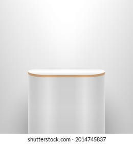 Minimal vector 3d illustration of a podium, stand, stage, made in light colors. With a light source on top. The podium is oval.