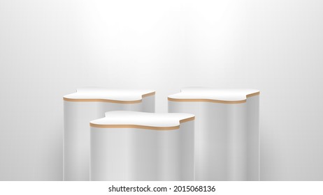 Minimal vector 3d illustration of a podium, stand, stage, made in light colors. With a light source on top. Three abstract podiums.