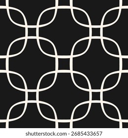 Minimal vector abstract geometric seamless pattern in oriental style. Simple black and white ornament with curved lines, grid, net, lattice. Monochrome repeated background for print, textile, carpet