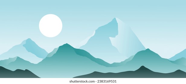 Minimal vector abstract landscape with sun. Mountain background with gradient, in blue tones. Vector design for prints, posters, covers, wall art and home decor.	
