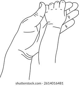 Minimal vector of adult hand embracing baby foot, symbolic expression of love and protection