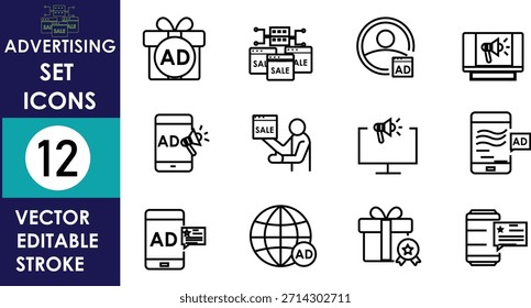 Minimal vector advertising icon set featuring line style symbols for ads, sales, gifts, devices, global marketing, editable stroke, isolated on white background design collection