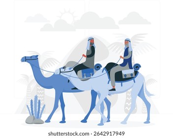 Vetor mínimo de homens árabes cavalgando camelos no deserto com palmeiras e dunas. Ideal para a cultura do Oriente Médio, arte conceitual de viagens e visuais de tradição islâmica.