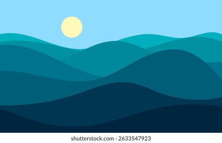 minimal vector art featuring layered blue hills and sunlight