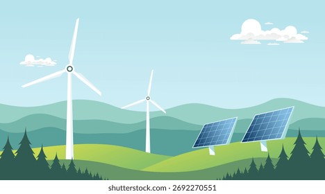 Fundo de vetor mínimo com turbinas eólicas e painéis solares para o conceito de energia renovável limpa