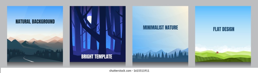 Minimal vector backgrounds set of 4 landscapes. Social media, blog post templates. Mountain road, night woods, blue forest scene, alone house near the green meadow. Minimalist natural graphic posters