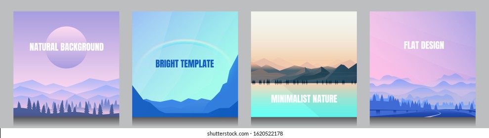 Minimal vector backgrounds set of 4 landscapes. Social media, blog post templates. Gradient forest and mountains, rainbow in wilderness,  water near hills. Abstract minimal futuristic illustration