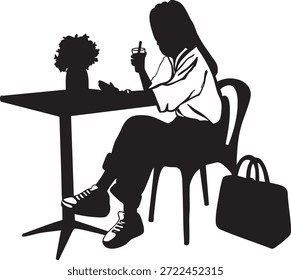 Minimal vector black silhouette of a young woman sitting in a cafe. Modern flat illustration for lifestyle concepts, coffee break, urban mood, social media, posters, branding, and editorial design.