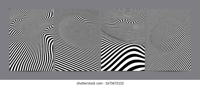 Diseño de tapas mínimas en blanco y negro vectorial. Líneas y formas dinámicas y frescas. Ilusión óptica. Plantilla EPS 10.