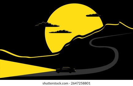 Minimal vector of a car driving on a winding mountain road at night with headlights illuminating the path and a large yellow moon setting behind the hills