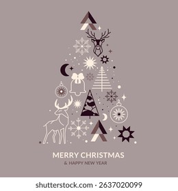 Minimal vector Christmas tree design with geometric shapes, reindeer, snowflakes, stars, ornaments, seasonal icons. greeting cards, invitations, posters, social media posts, and festive merchandise