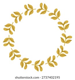 Minimal vector circular wreath made of golden green leaves. Flat botanical frame isolated on white background for autumn design, branding, invitations, logos, posters, packaging, elegant templates