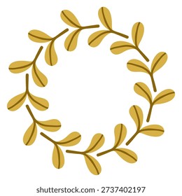 Minimal vector circular wreath made of golden green leaves. Flat botanical frame isolated on white background for autumn design, branding, invitations, logos, posters, packaging, elegant templates
