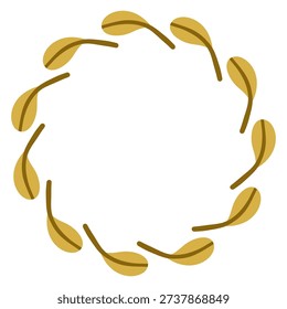 Minimal vector circular wreath made of golden green leaves. Flat botanical frame isolated on white background for autumn design, branding, invitations, logos, posters, packaging, elegant templates