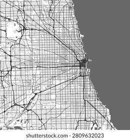 Minimal vector city map of Chicago with streets, parks and Lake Michigan shoreline