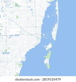 Minimal vector city map of Miami with streets, parks and Biscayne Bay