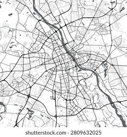 Minimal vector city map of Warsaw with streets, parks and Vistula River
