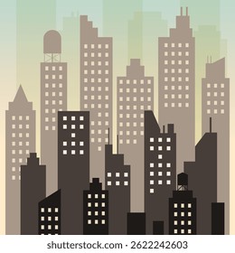 Paisagem urbana com vetor mínimo com edifícios altos sob um céu suave gradiente. Perfeito para temas urbanos e conceitos de design moderno.