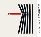 Minimal vector concept illustration of a businessman pushing a red block to break a line of black bars, representing disruption and changing the norms.