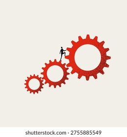 Minimal vector concept illustration of a businessman climbing red gears. Represents a business automation process, overcoming a challenge, and finding a corporate solution.