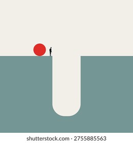 Minimal vector concept illustration of a businessman finding a solution to overcome an obstacle. Symbol represents corporate leadership, business challenge, and vision.