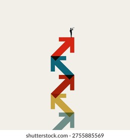 Minimal vector concept illustration of a businessman climbing colorful zig zag arrows. Represents corporate business growth, career ambition, and leadership success aiming for professional motivation.
