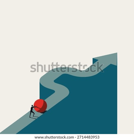 Minimal vector concept illustration of a businessman pushing a red ball along a winding arrow path, representing flexibility and navigating a detour.