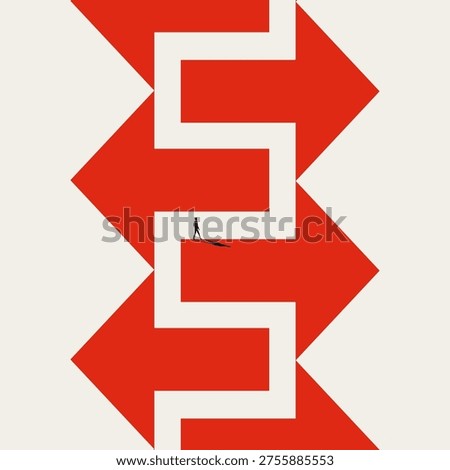 Minimal vector concept illustration of a businessman walking a red arrow maze path. Represents corporate career direction, business mission, and the labyrinth journey to professional success.