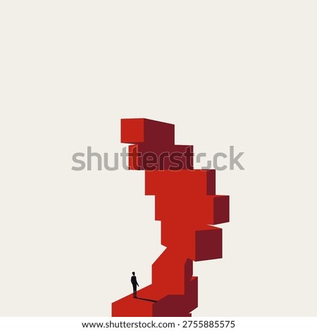 Minimal vector concept illustration of a businessman facing red stairs. Represents corporate career ambition, professional growth, and the challenge of climbing the business steps to success.