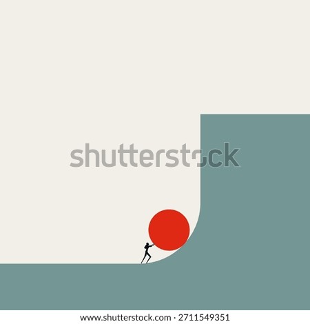 Minimal vector concept illustration of a silhouette of a businesswoman struggling to push a red sphere up a steep, vertical curve. Symbol of hard work, uphill battles, and going against the odds.