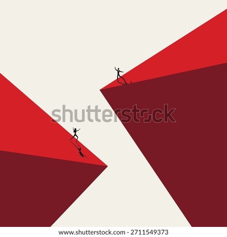 Minimal vector concept illustration of a silhouette of a businessman and businesswoman balancing on sharp red peaks. Symbol of high risk, financial instability, market danger, and challenge.