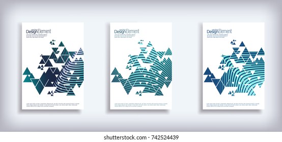 Minimal Vector Cover design set with abstract triangles. Modern halftone gradients. Concept Poster template.