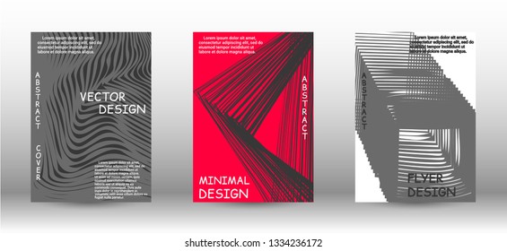 Minimal vector coverage. A set of trendy covers. 3D distorted lines for brochure, sound poster. Trendy geometric patterns. EPS10 Vector Design.