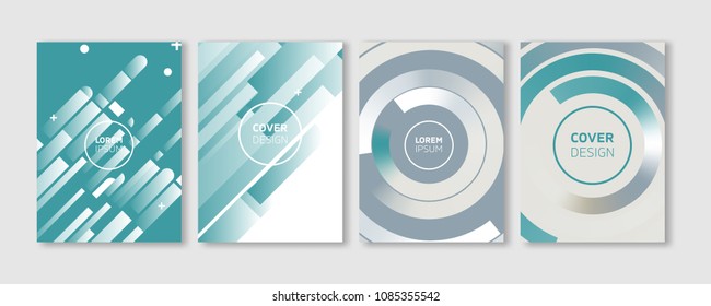 Minimal Vector Covers Design. Abstract White Diagonal Stripes and Round Lines Flat Geometric Illustrations on Greenish Blue Background. Future Poster Template.