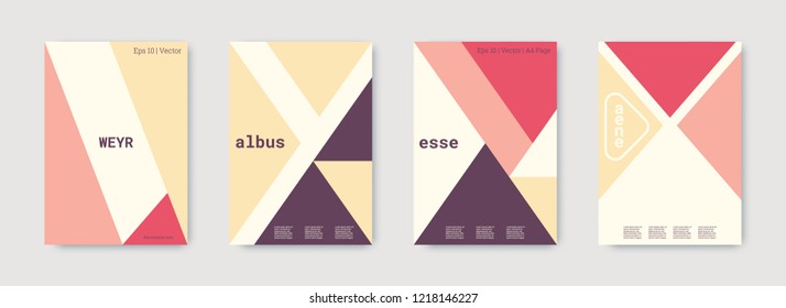 Minimal vector covers design. Geometric cover. Violet, pink, gold, white, bright colorful set graphic design. Shapes patterns. Triangle template. Cool minimal vector covers design. Business concept.