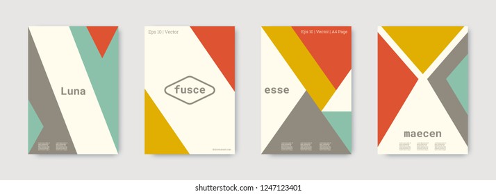 Minimal vector covers design. Geometric cover. Red, gold, white, bright colorful set graphic design. Shapes patterns. Triangle template. Cool minimal vector covers design. Business concept.