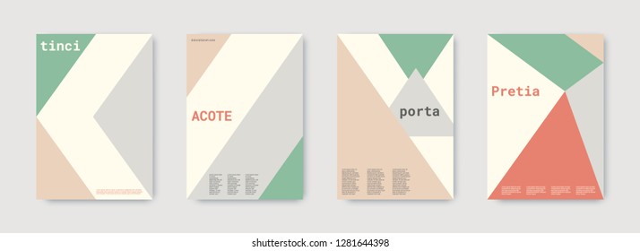 Minimal vector covers design. Geometric cover. Green, pink, gold, white, bright colorful set graphic design. Shapes patterns. Triangle template. Cool minimal vector covers design. Business concept.